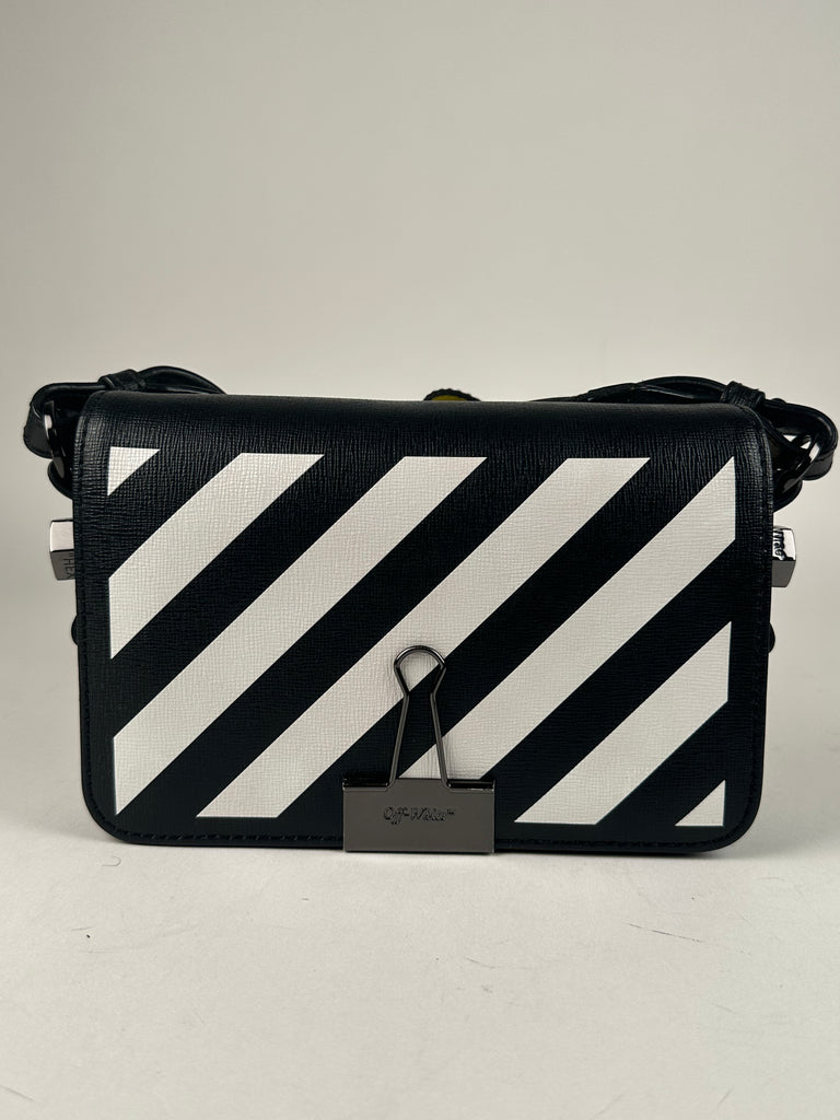 Off—White Saffiano Striped Mini Diag Binder Clip Bag Black White Yellow