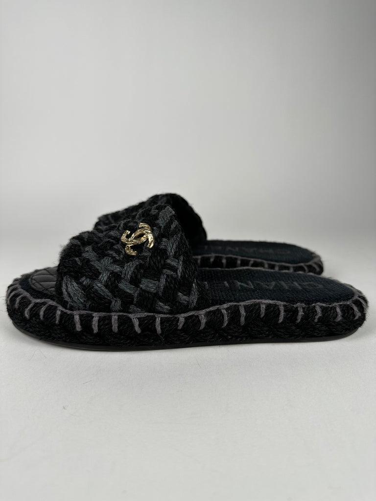 Chanel Raffia Woven Slides With CC logo Black Grey Size 35EU