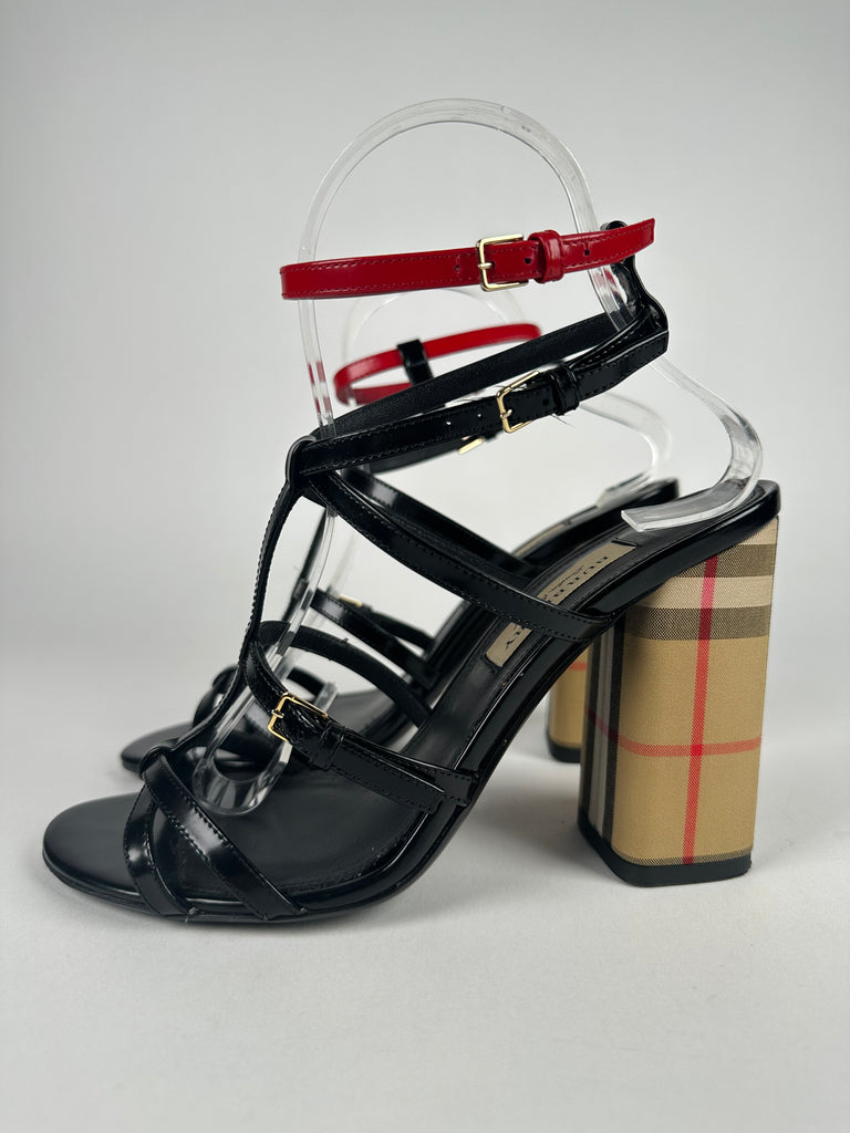 Burberry Vintage Check and Patent Leather Heeled Sandals Size 37EU