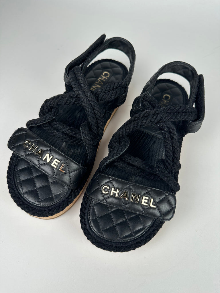 Chanel Cord Lambskin Quilted Logo Sandal Size 38EU
