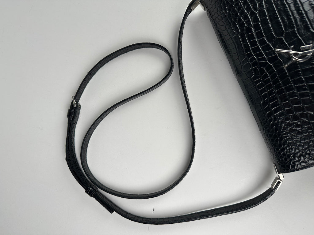 Saint Laurent Croc Embossed Uptown Mini Crossbody Black