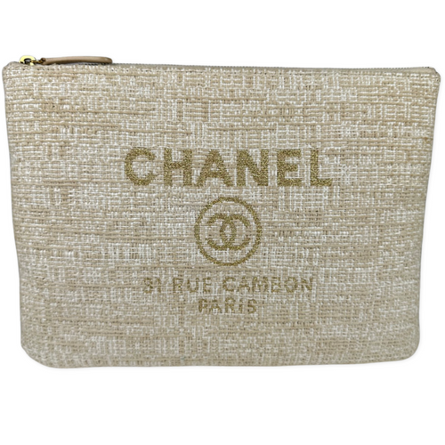 Chanel Woven Raffia Large Cosmetic O-Case Clutch Beige Gold