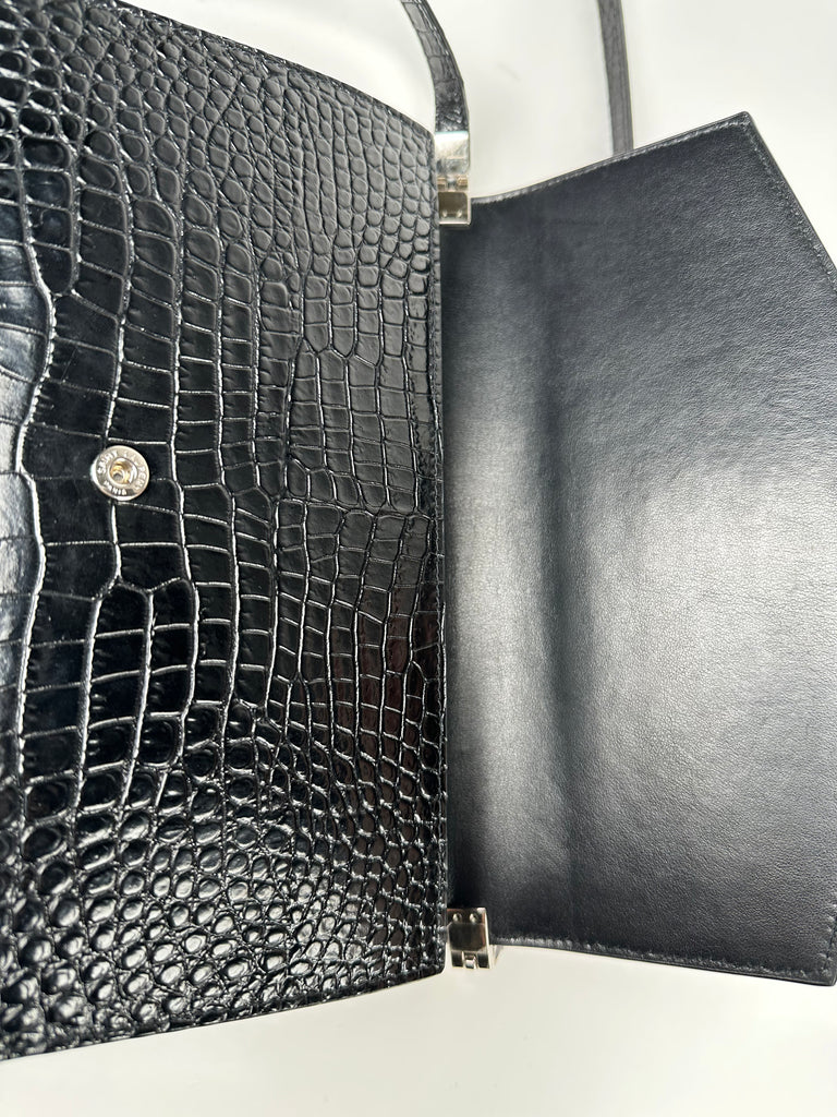 Saint Laurent Croc Embossed Uptown Mini Crossbody Black