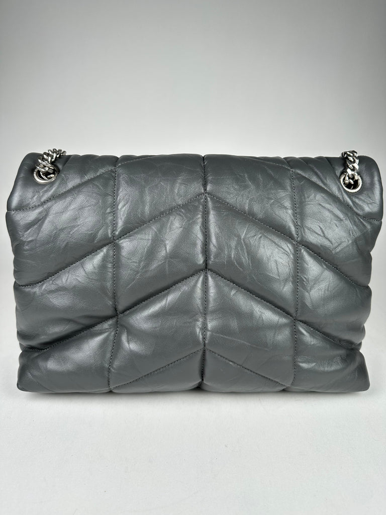 Saint Laurent Lambskin Quilted Medium Loulou Puffer Monogram Chain Satchel Grey