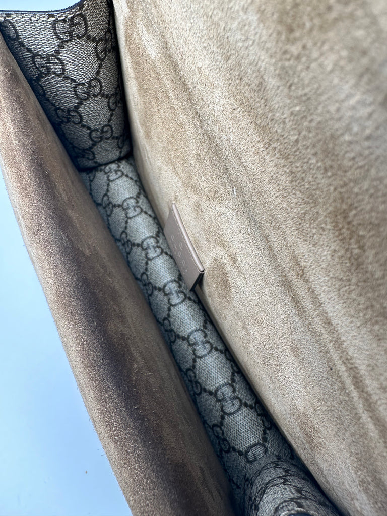 Gucci Monogram GG Small Dionysus Shoulder Bag Beige Crystal Detail