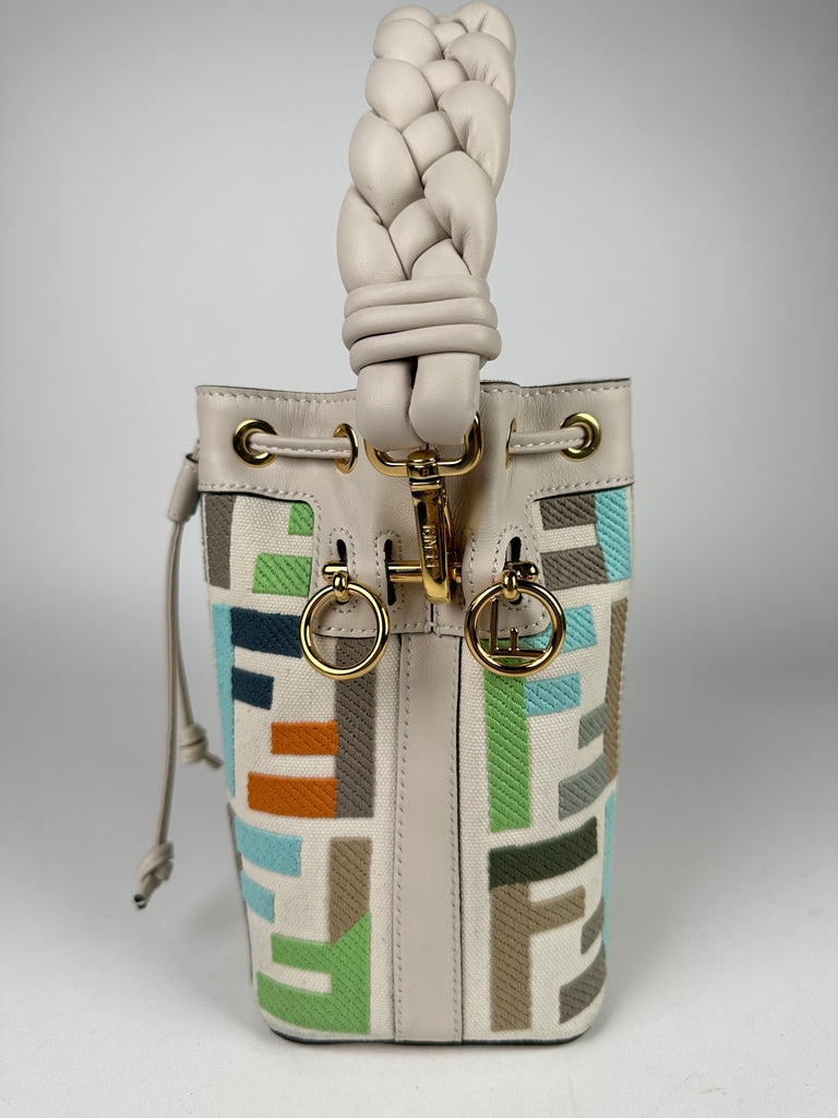 Fendi Canvas Vitello Grace F is Fendi FF Multicolor Embroidered Mini Mon Tresor Bucket Bag Grezzo Multicolor Latte