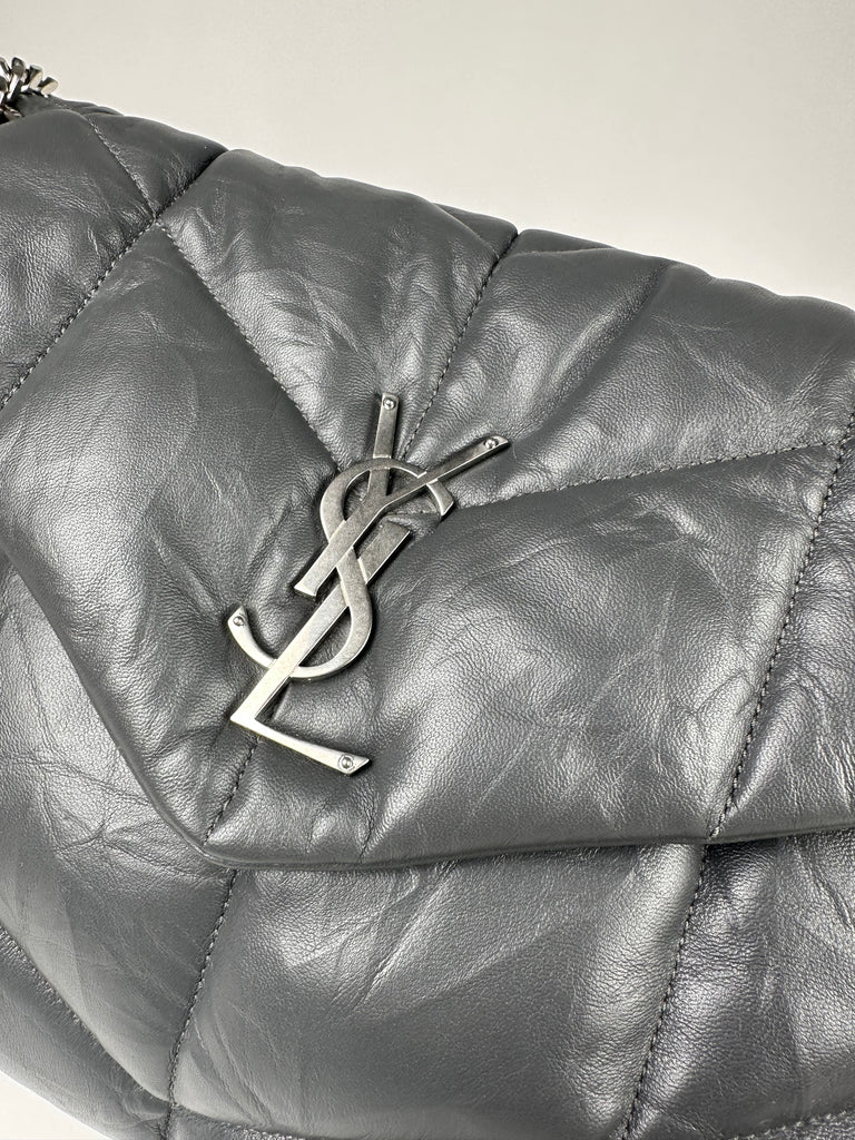 Saint Laurent Lambskin Quilted Medium Loulou Puffer Monogram Chain Satchel Grey