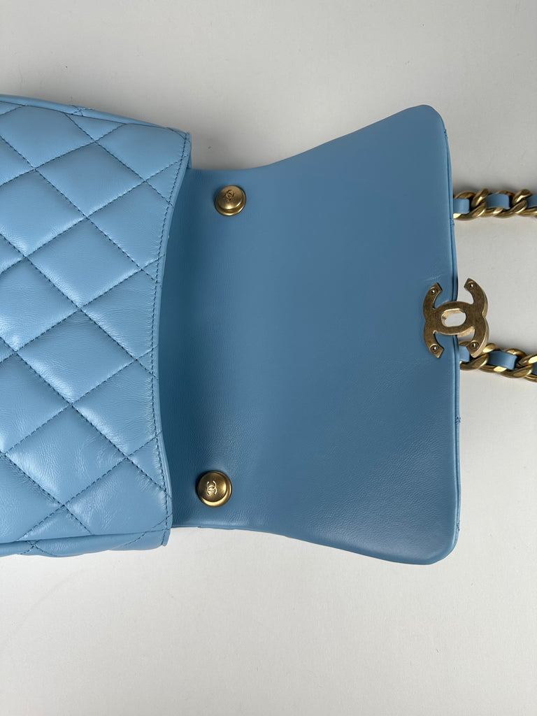 Chanel Lambskin Quilted Lacquered Chain Flap Bag Blue