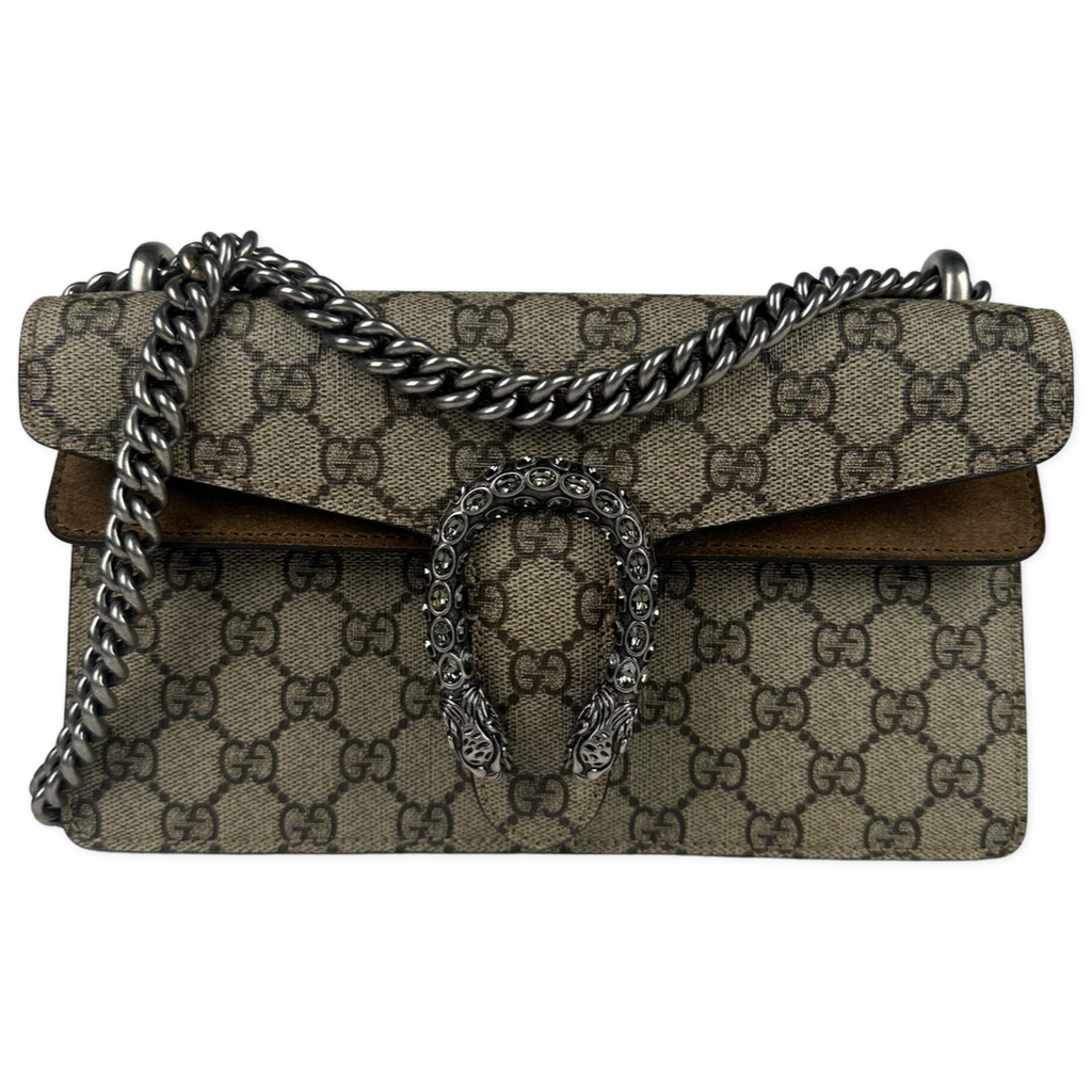 Gucci Monogram GG Small Dionysus Shoulder Bag Beige Crystal Detail