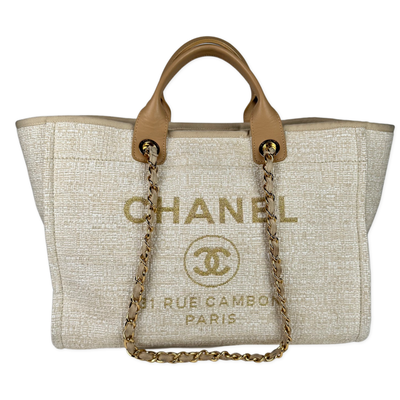 Chanel Mixed Fibers Medium Deauville Tote Beige Gold