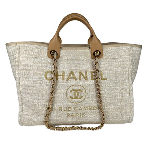 Chanel Mixed Fibers Medium Deauville Tote Beige Gold