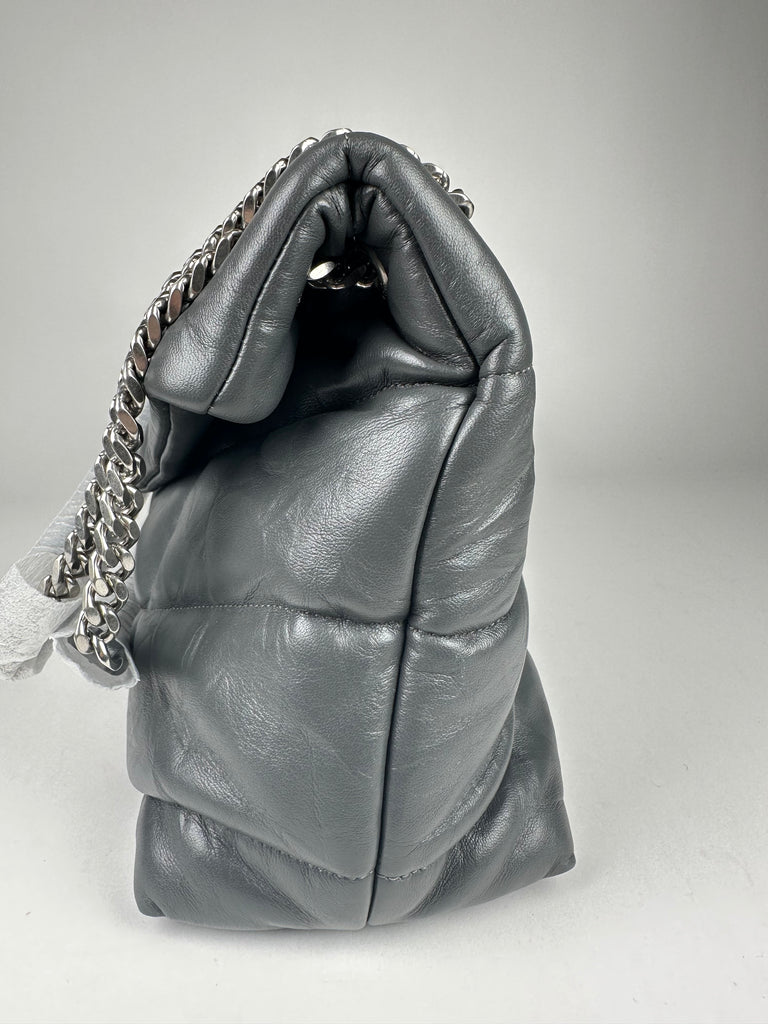 Saint Laurent Lambskin Quilted Medium Loulou Puffer Monogram Chain Satchel Grey