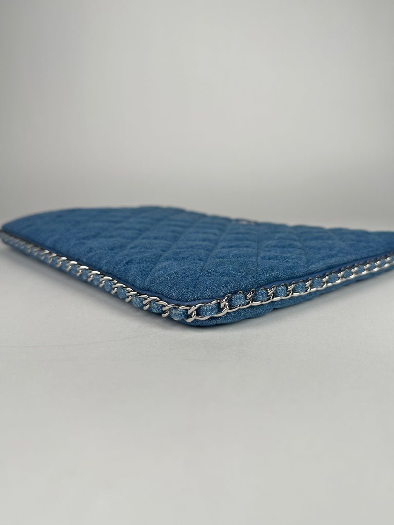 Chanel Denim Chain Around Quilted Medium Cosmetic O-Case Clutch Blue