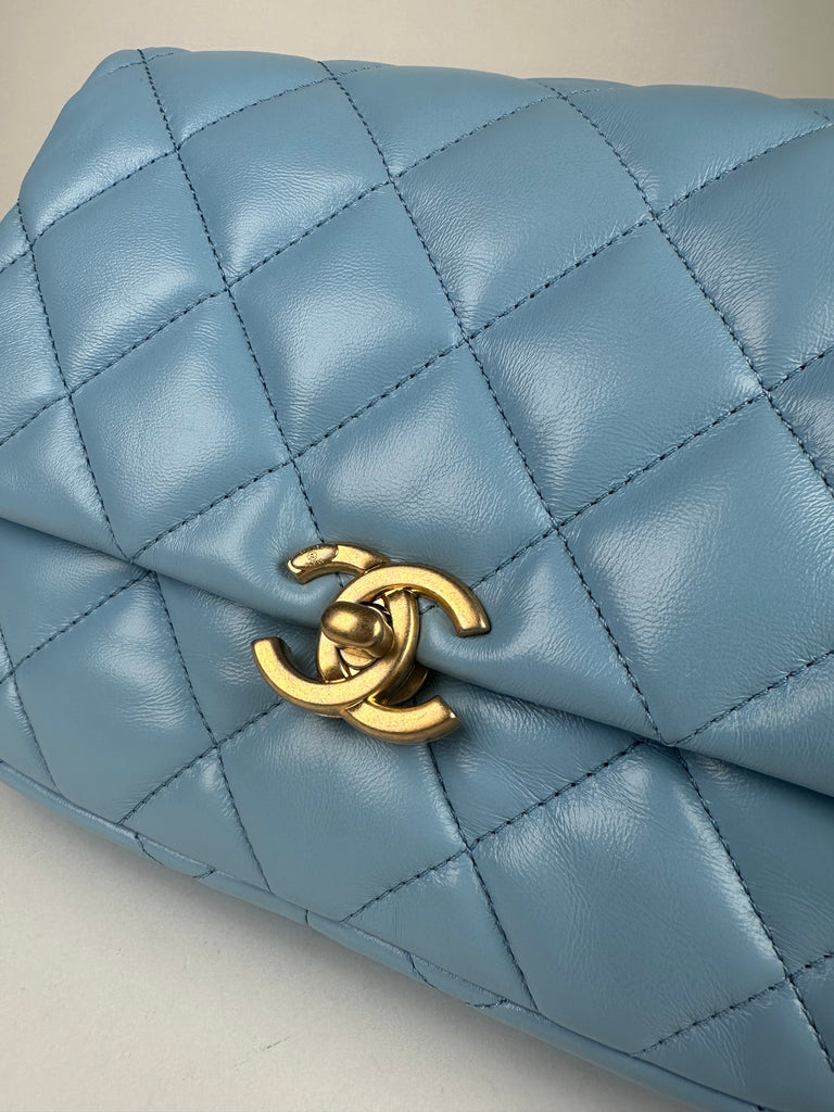 Chanel Lambskin Quilted Lacquered Chain Flap Bag Blue