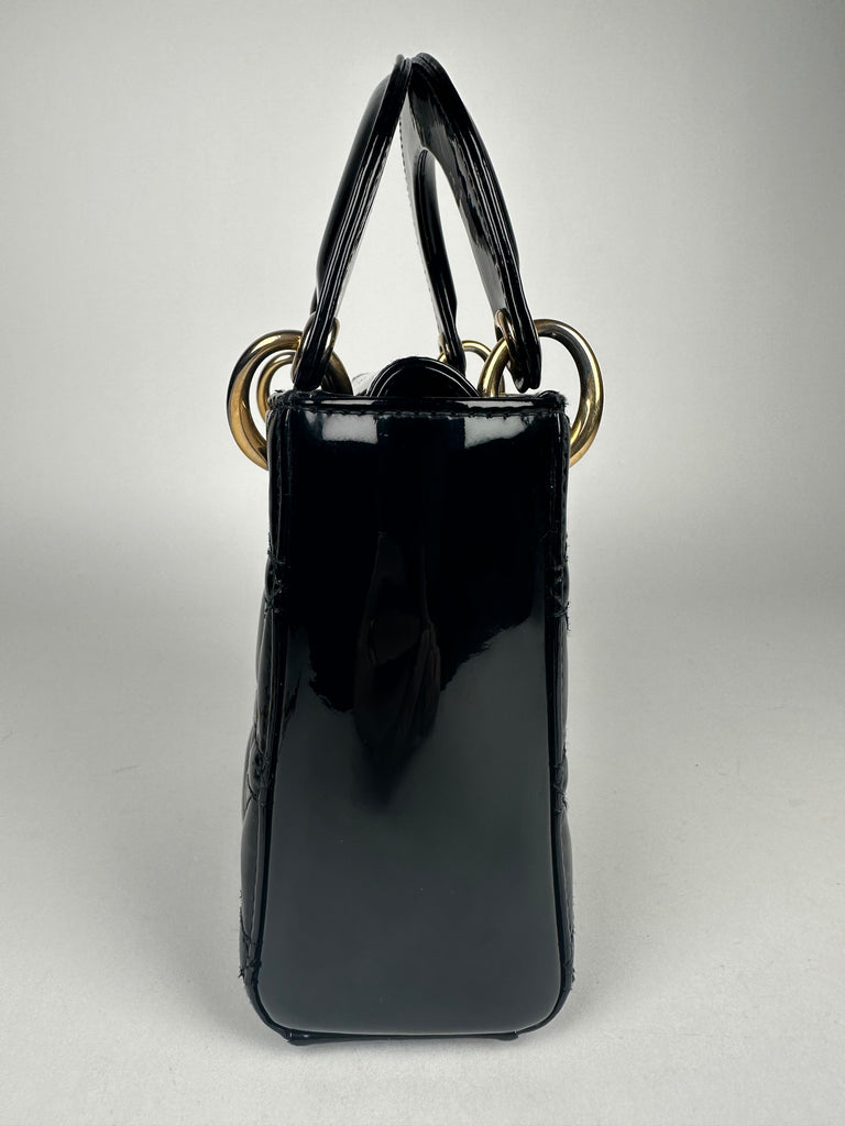 Dior Mini Lady Dior Black Patent Cannage Calfskin