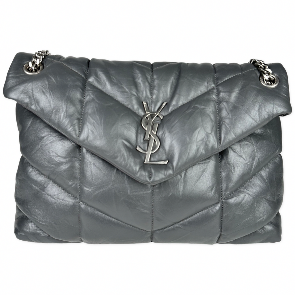 Saint Laurent Lambskin Quilted Medium Loulou Puffer Monogram Chain Satchel Grey