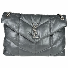 Load image into Gallery viewer, Saint Laurent Lambskin Quilted Medium Loulou Puffer Monogram Chain Satchel Grey