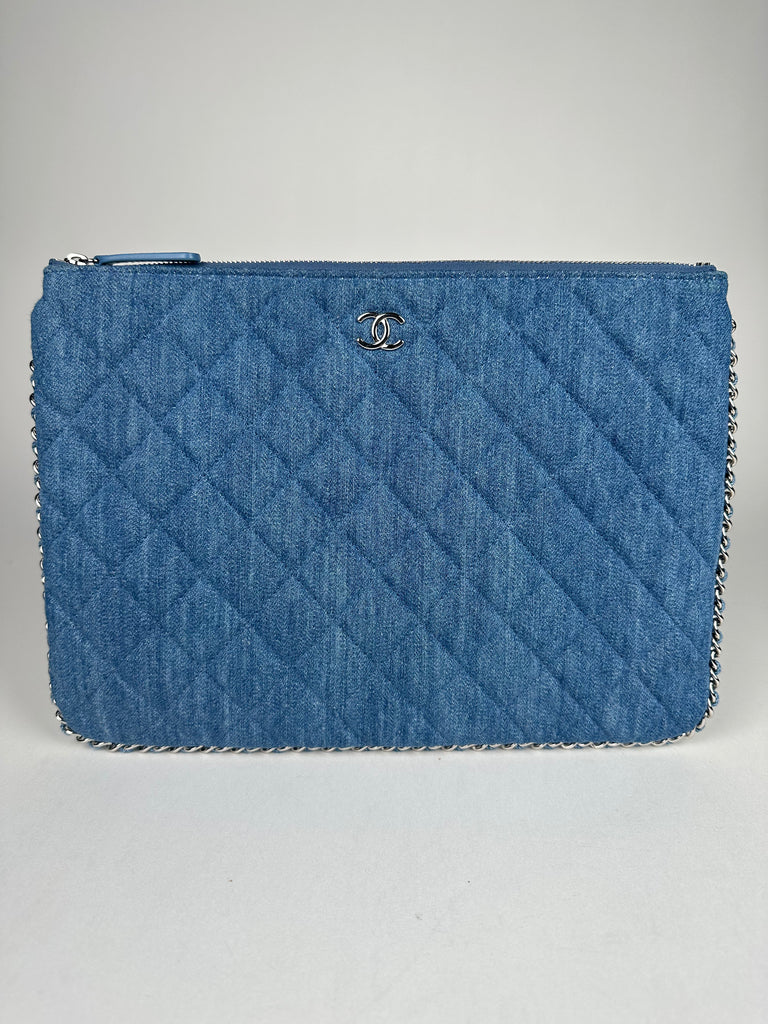 Chanel Denim Chain Around Quilted Medium Cosmetic O-Case Clutch Blue