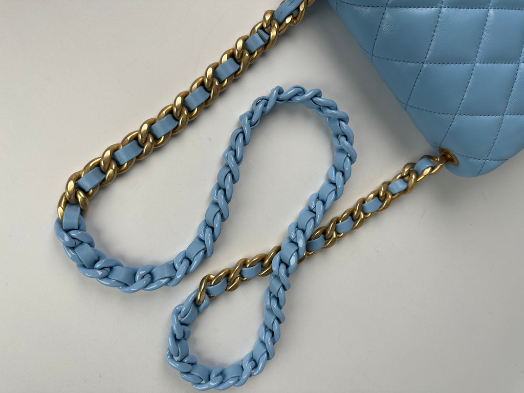 Chanel Lambskin Quilted Lacquered Chain Flap Bag Blue