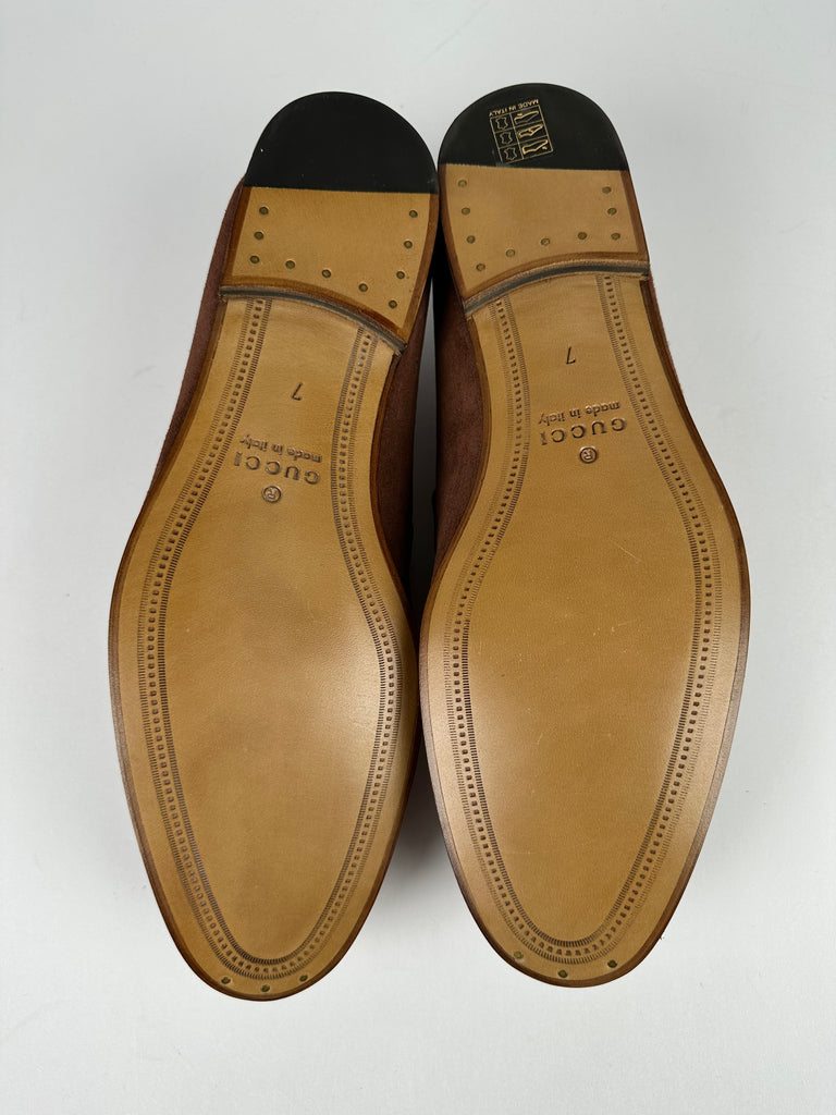 Gucci Brixton Horsebit Loafer Brown Suede With Stripe Detail 7G/ 40.5EU