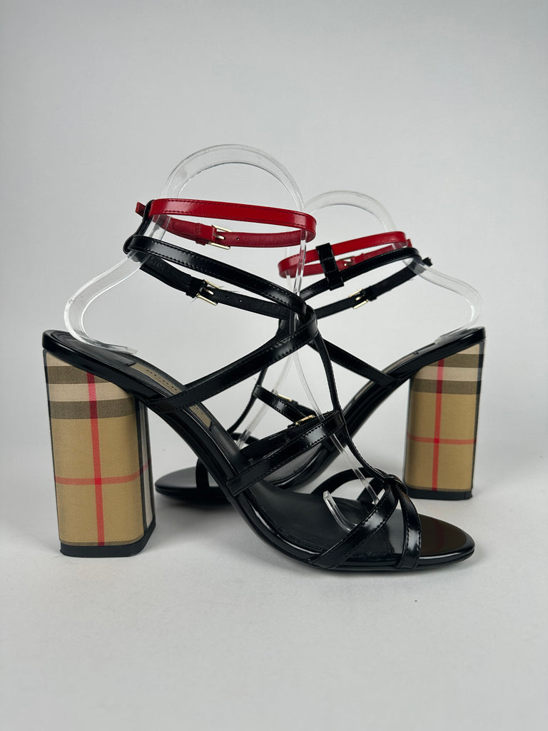 Burberry Vintage Check and Patent Leather Heeled Sandals Size 37EU