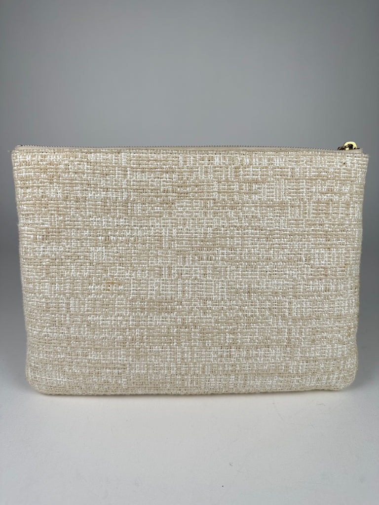 Chanel Woven Raffia Large Cosmetic O-Case Clutch Beige Gold