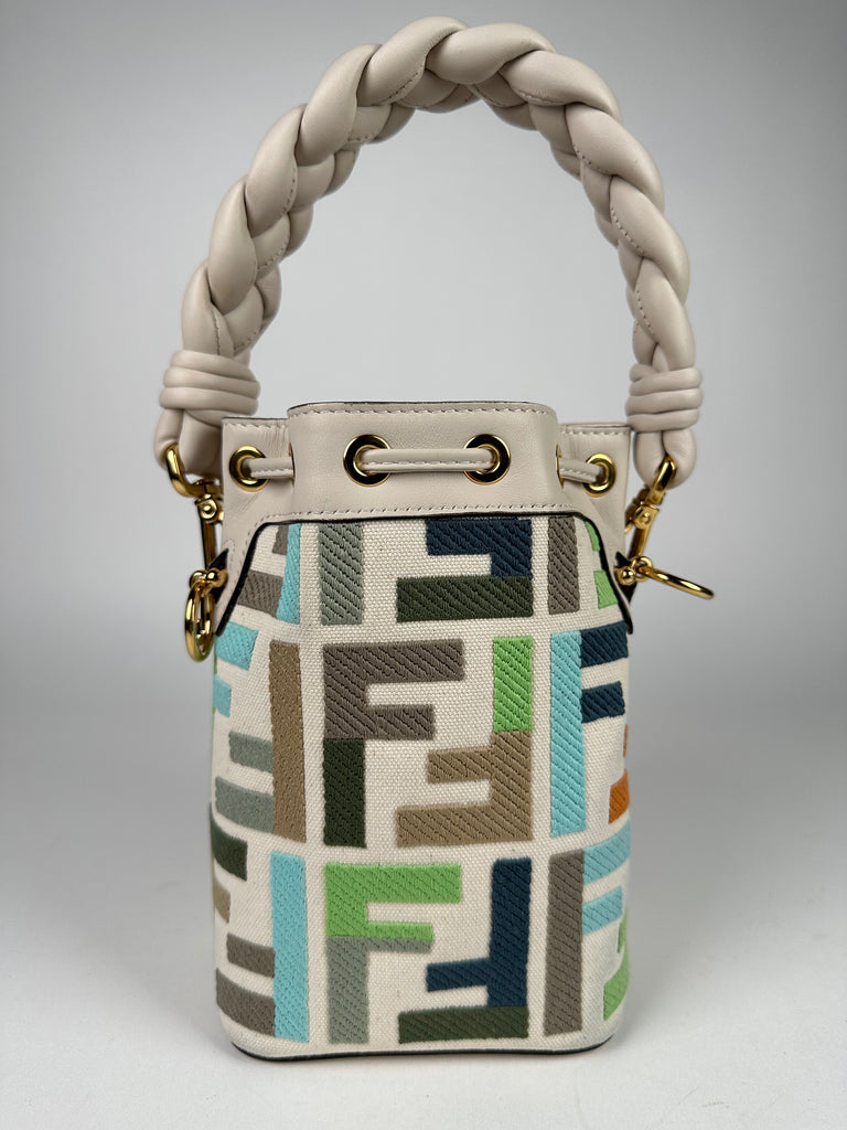 Fendi Mini Mon Tresor Bucket Bag FF Canvas Leather White Multicolor