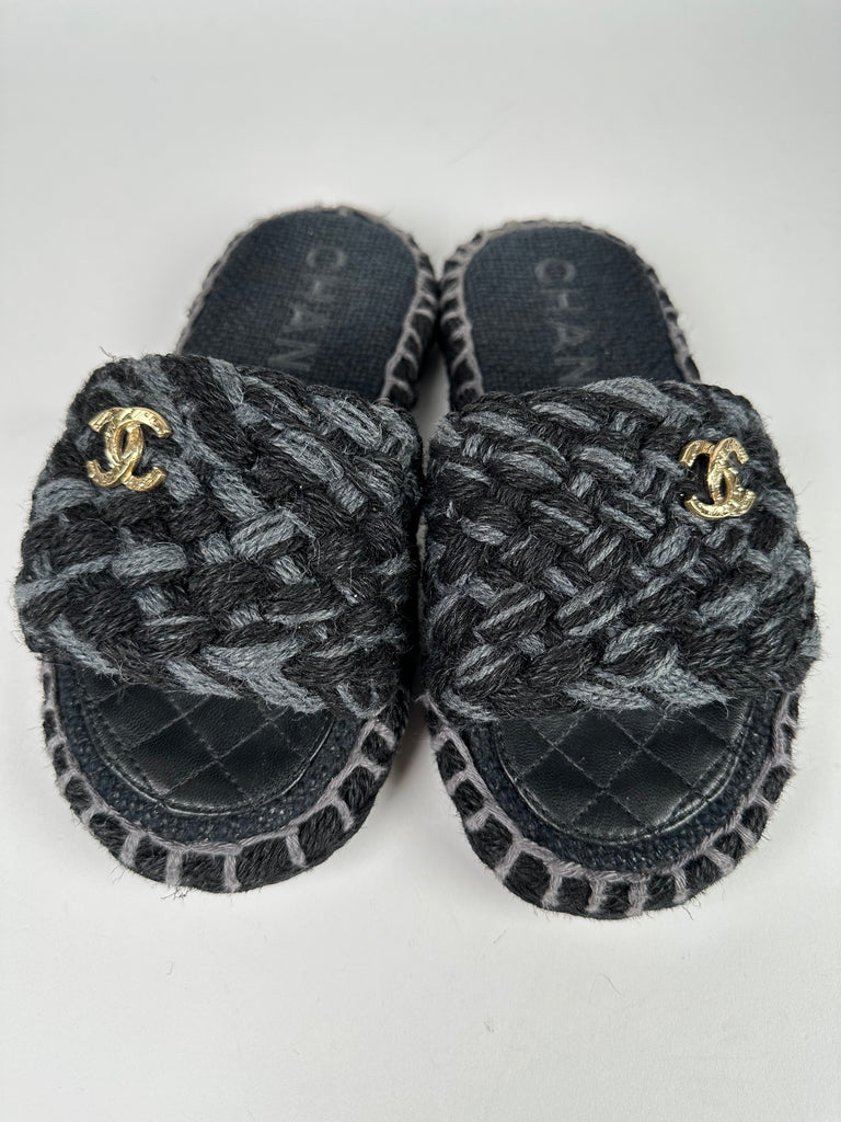 Chanel Raffia Woven Slides With CC logo Black Grey Size 35EU