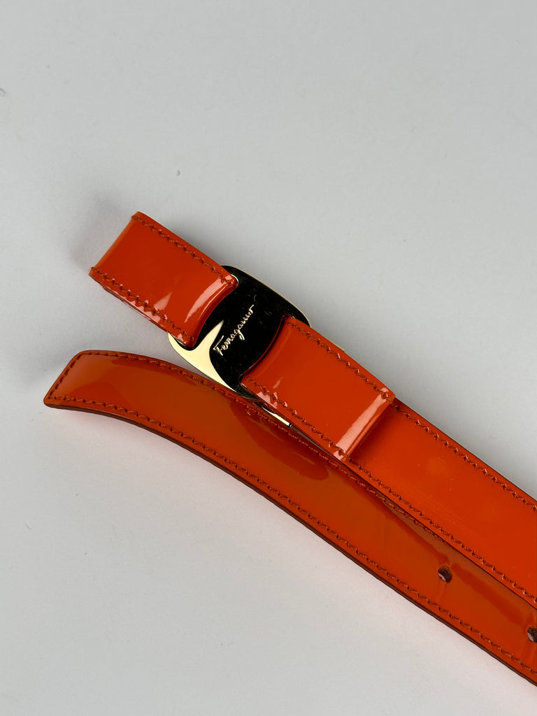 Salvatore Ferragamo Viva Bow Patent Leather Reversible and Adjustable Belt Orange