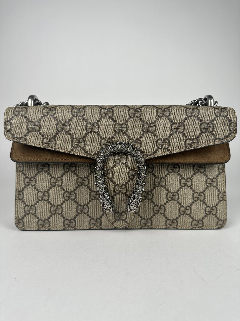 Gucci Monogram GG Small Dionysus Shoulder Bag Beige Crystal Detail