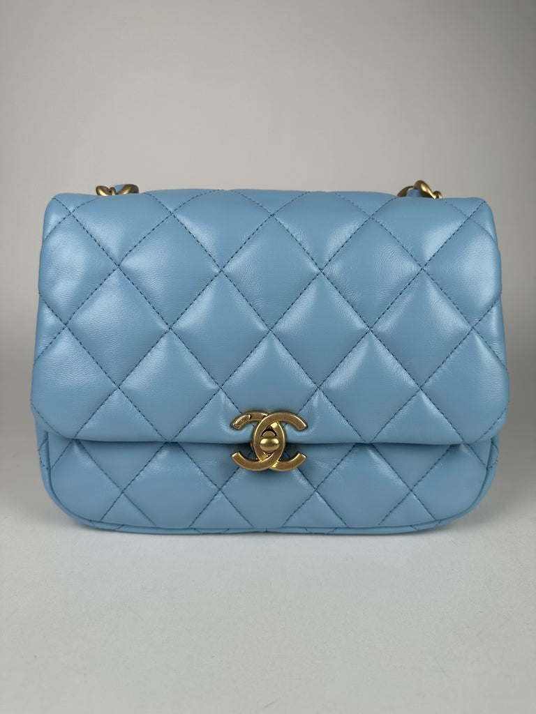 Chanel Lambskin Quilted Lacquered Chain Flap Bag Blue