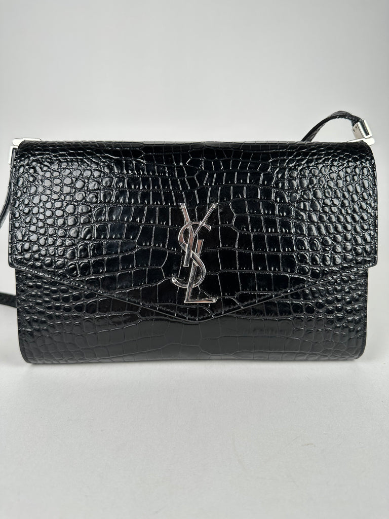 Saint Laurent Croc Embossed Uptown Mini Crossbody Black