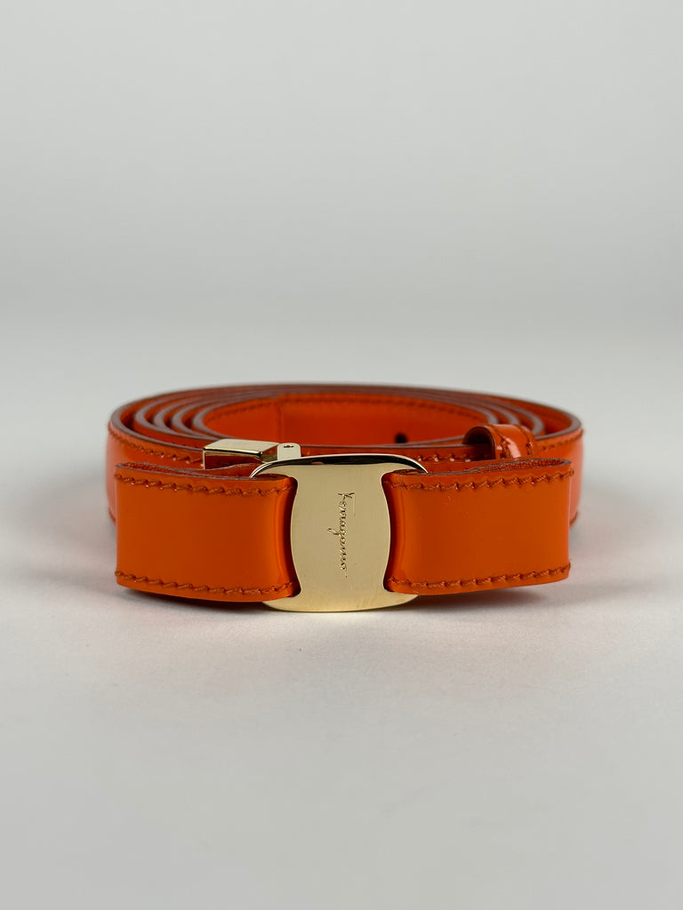 Salvatore Ferragamo Viva Bow Patent Leather Reversible and Adjustable Belt Orange