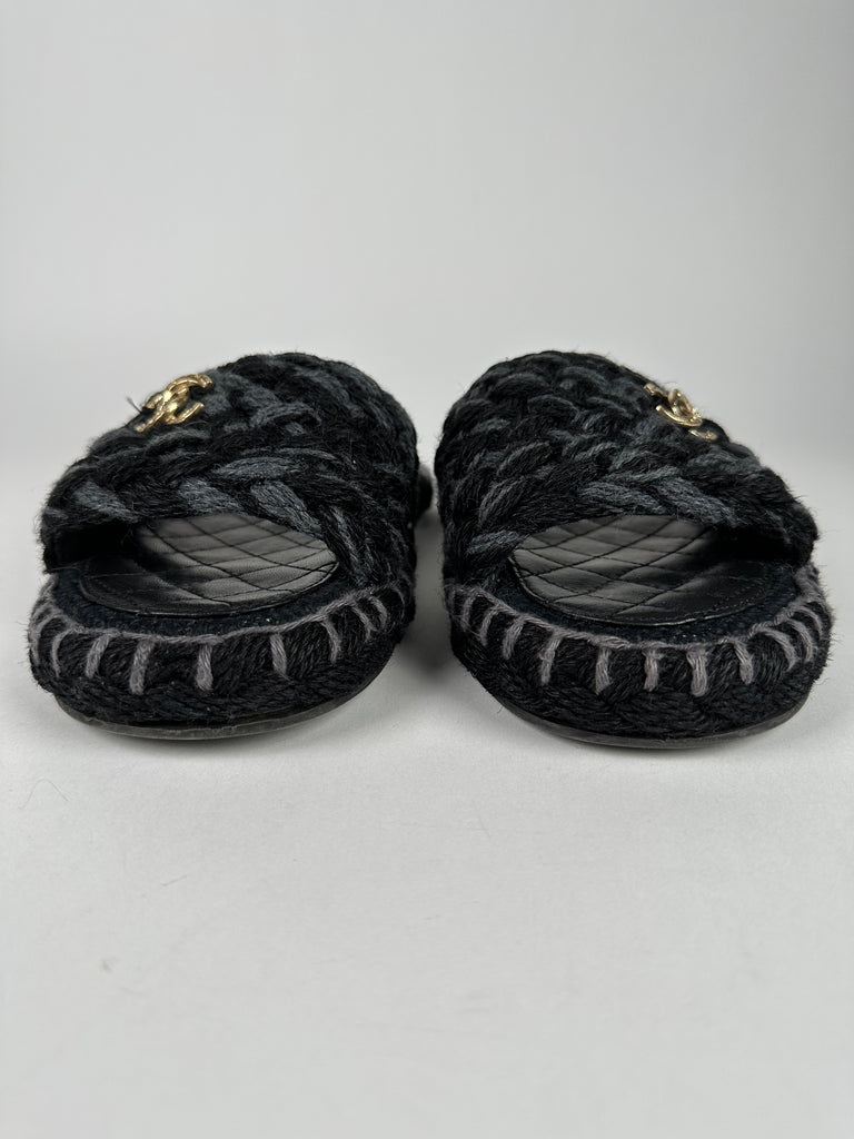 Chanel Raffia Woven Slides With CC logo Black Grey Size 35EU