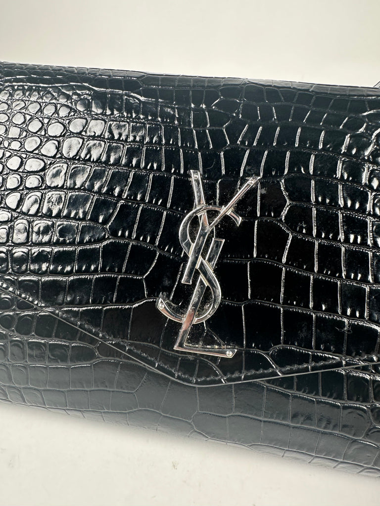 Saint Laurent Croc Embossed Uptown Mini Crossbody Black