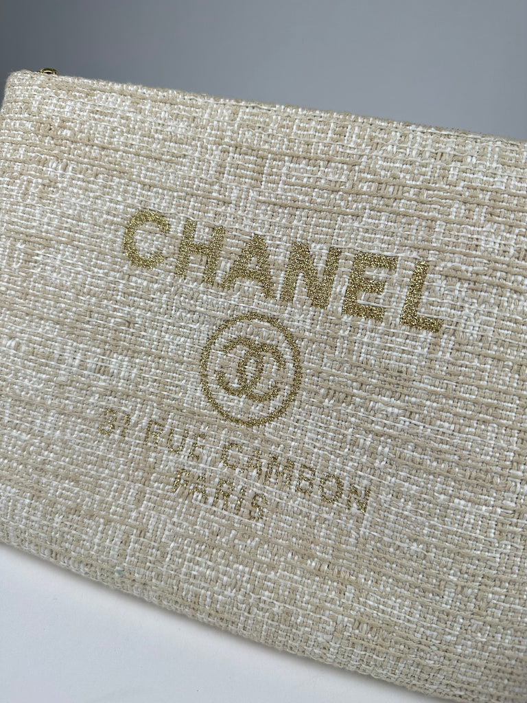 Chanel Woven Raffia Large Cosmetic O-Case Clutch Beige Gold