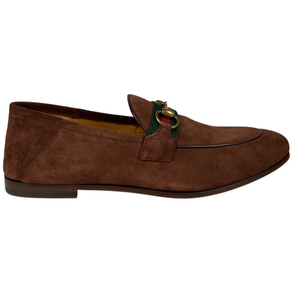 Gucci Brixton Horsebit Loafer Brown Suede With Stripe Detail 7G/ 40.5EU