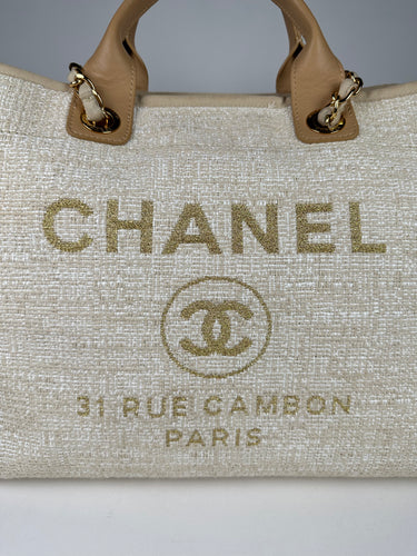 Chanel Mixed Fibers Medium Deauville Tote Beige Gold
