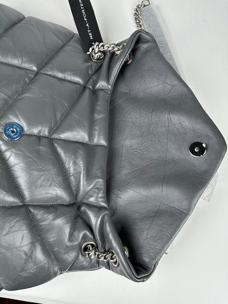 Saint Laurent Lambskin Quilted Medium Loulou Puffer Monogram Chain Satchel Grey