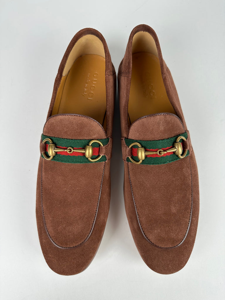 Gucci Brixton Horsebit Loafer Brown Suede With Stripe Detail 7G/ 40.5EU