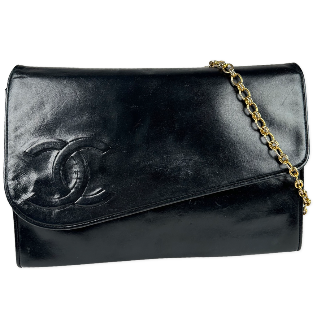 Chanel Vintage Lambskin CC Embroidered Clutch On Chain Black