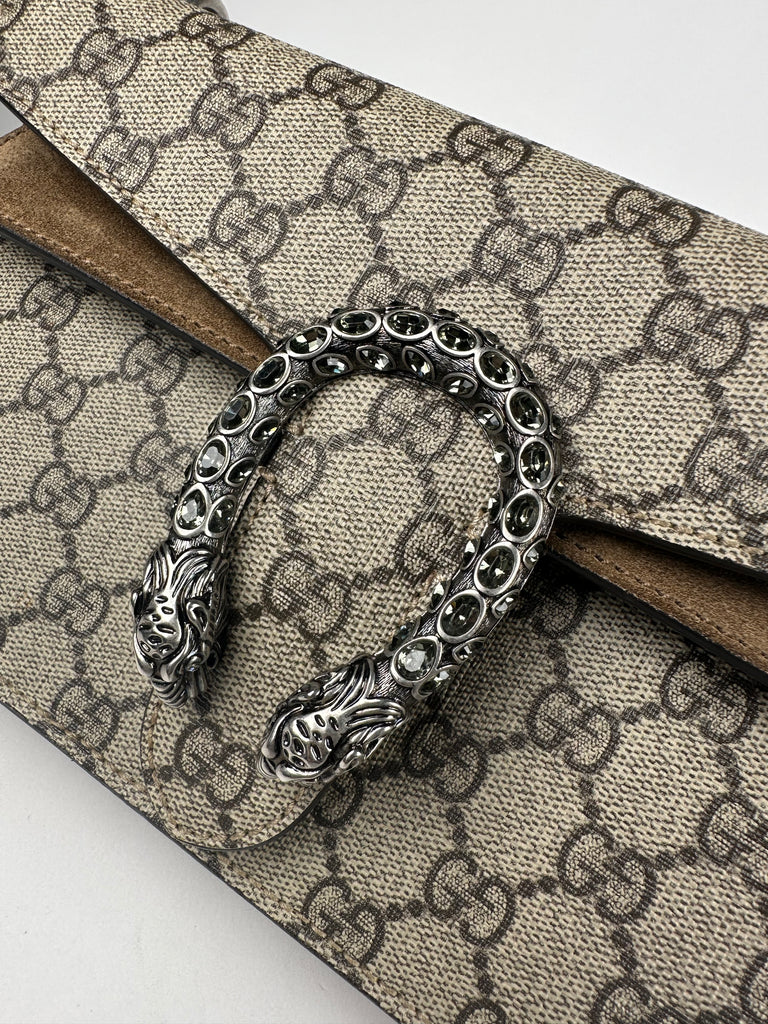 Gucci Monogram GG Small Dionysus Shoulder Bag Beige Crystal Detail