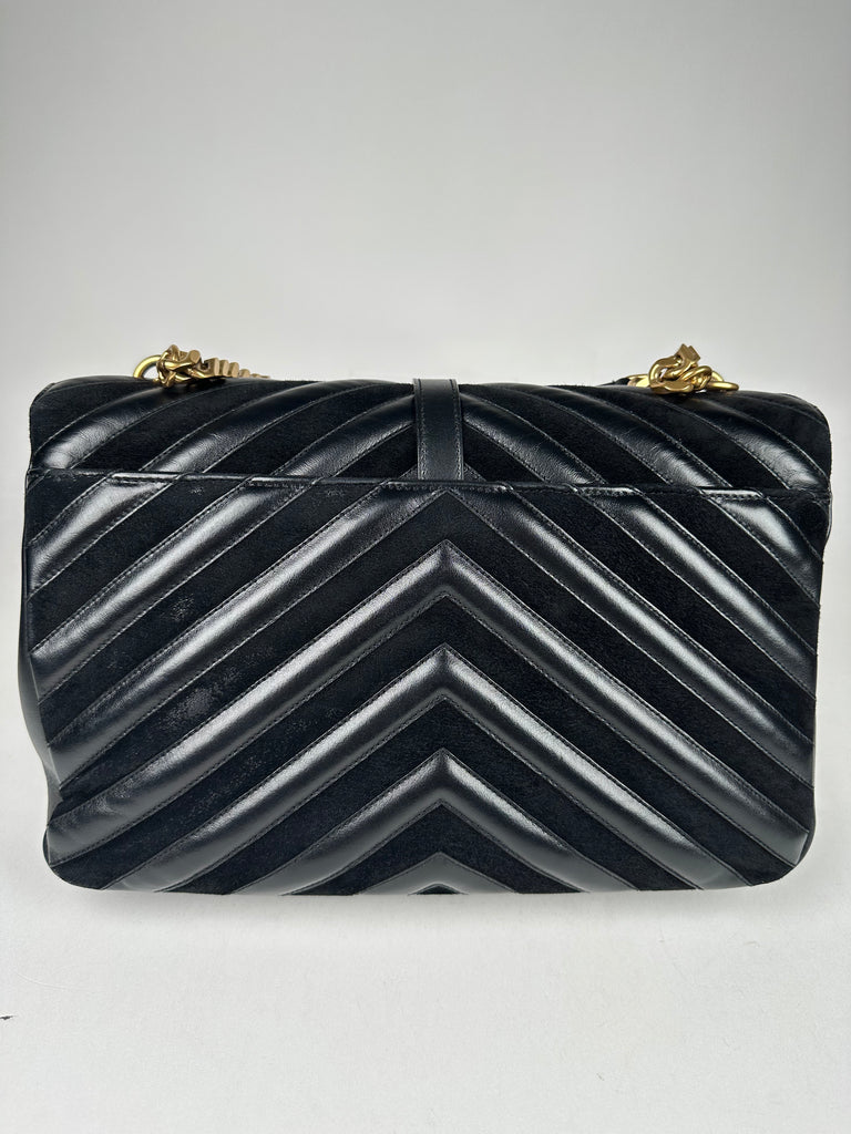 Saint Laurent Leather and Suede Matelasse Chevron Monogram Large College Satchel Black