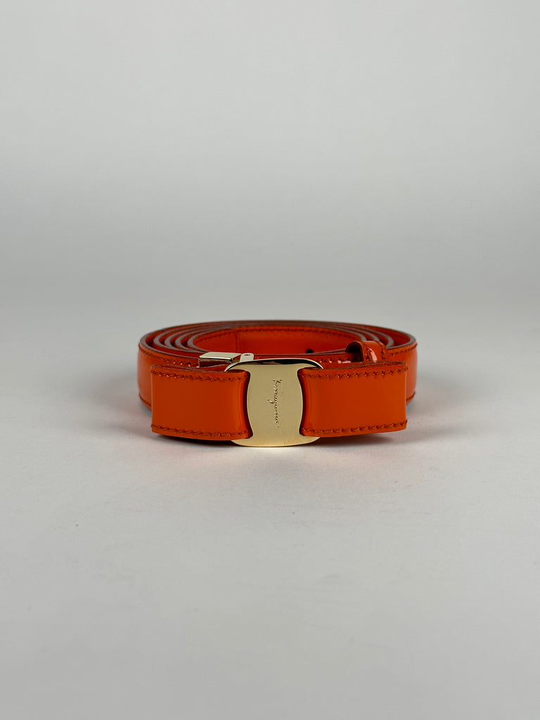 Salvatore Ferragamo Viva Bow Patent Leather Reversible and Adjustable Belt Orange