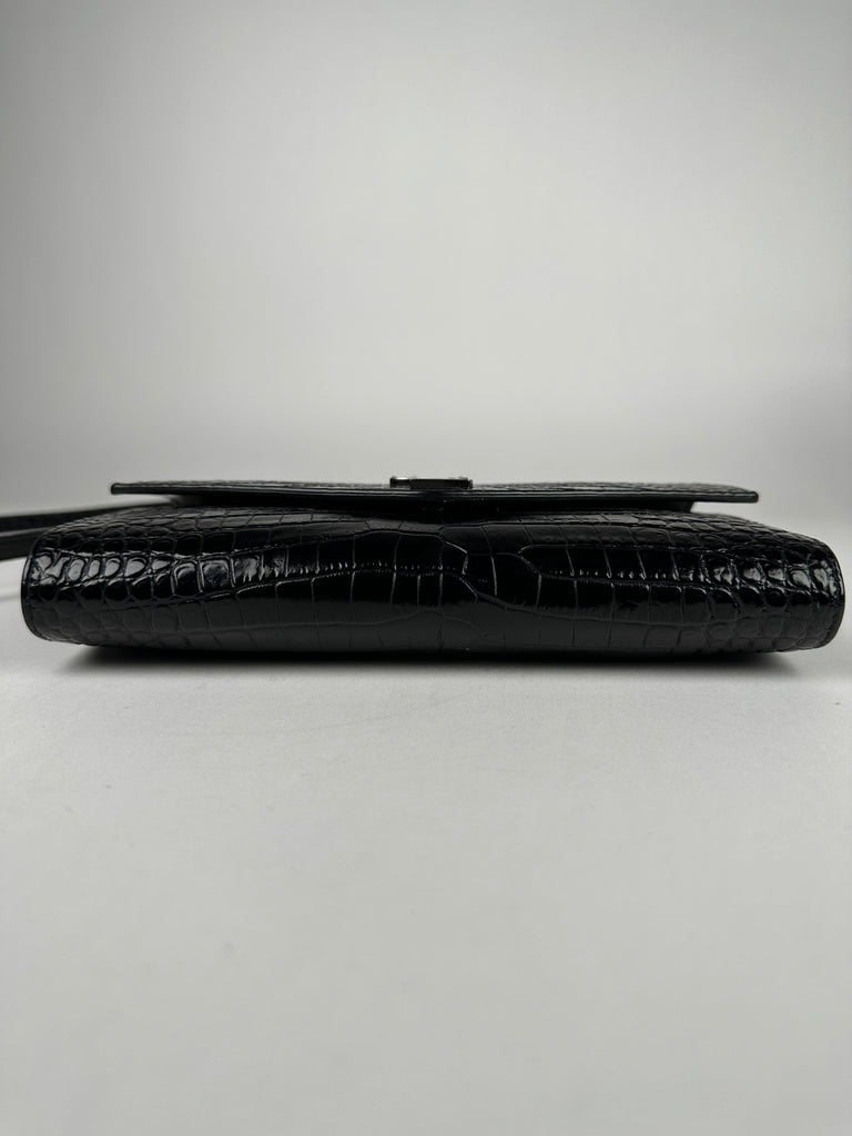 Saint Laurent Croc Embossed Uptown Mini Crossbody Black