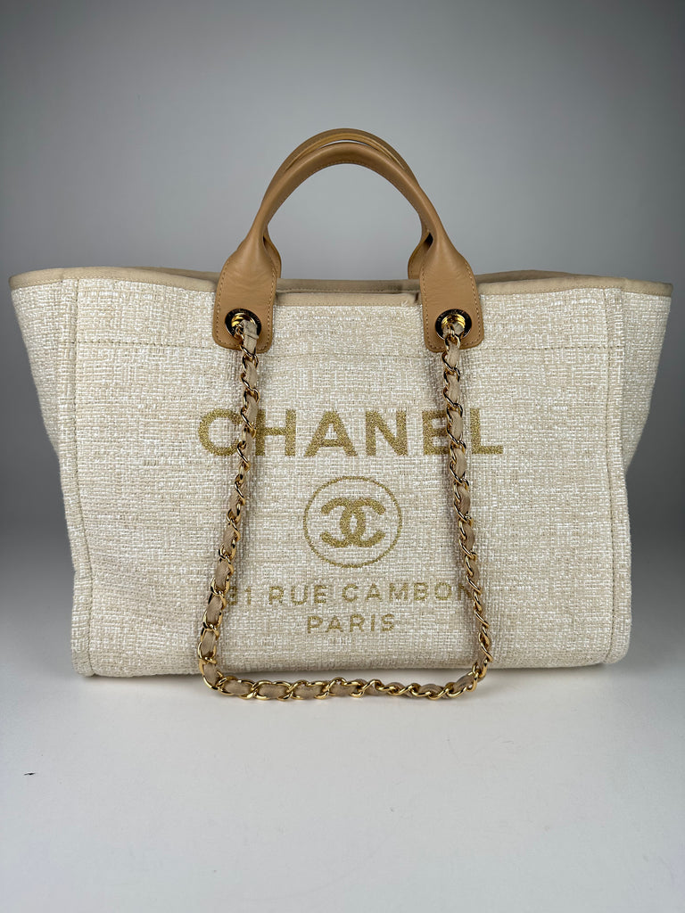Chanel Mixed Fibers Medium Deauville Tote Beige Gold