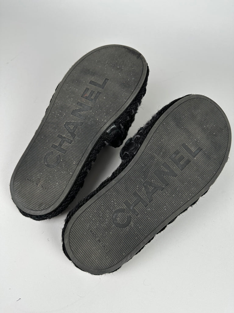 Chanel Raffia Woven Slides With CC logo Black Grey Size 35EU