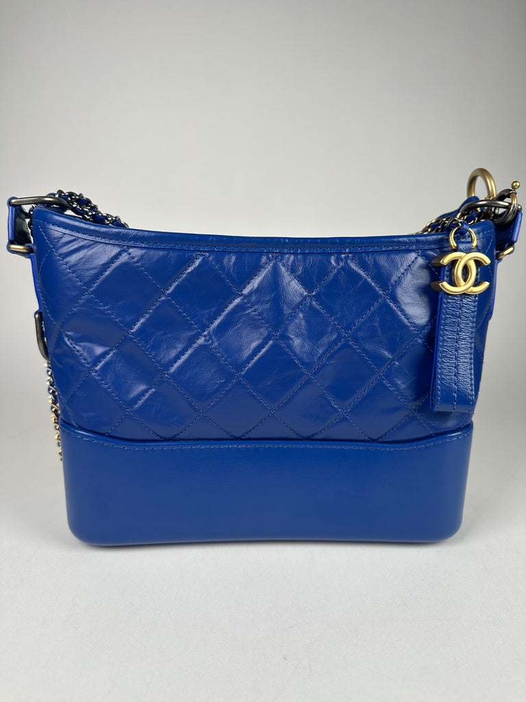 Chanel Aged Calfskin Quilted New Medium Gabrielle Logo Top Handle Blue