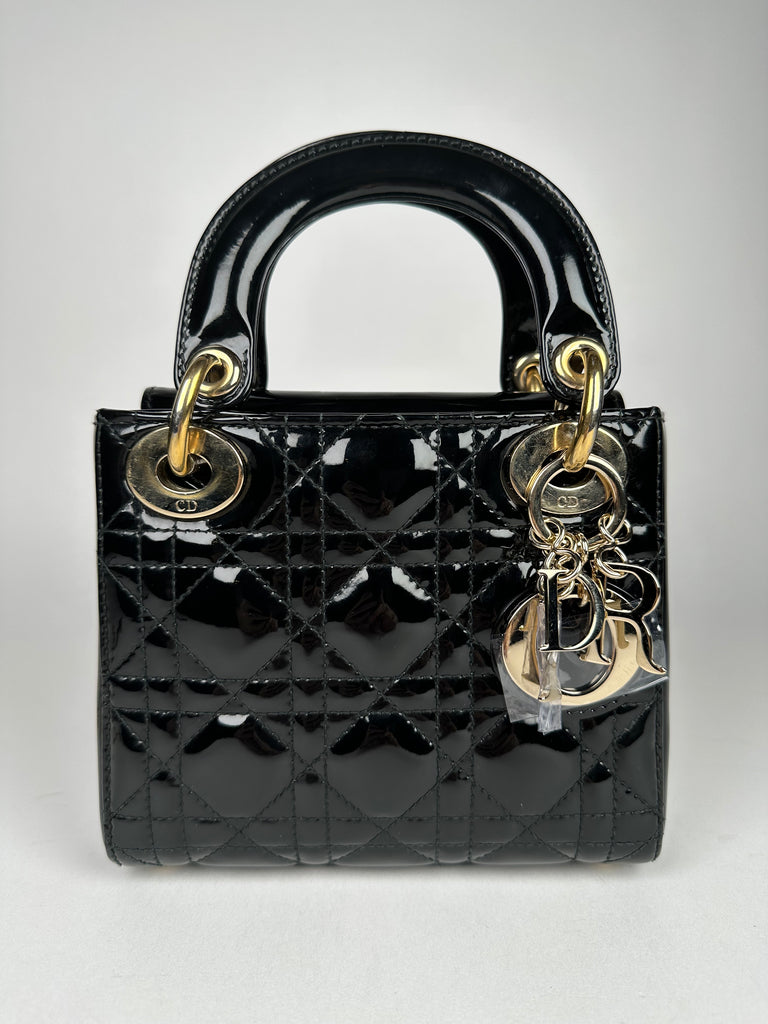 Dior Mini Lady Dior Black Patent Cannage Calfskin