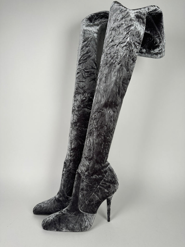 Saint Laurent Crushed Velvet Thigh High Boots Size 37EU Gray